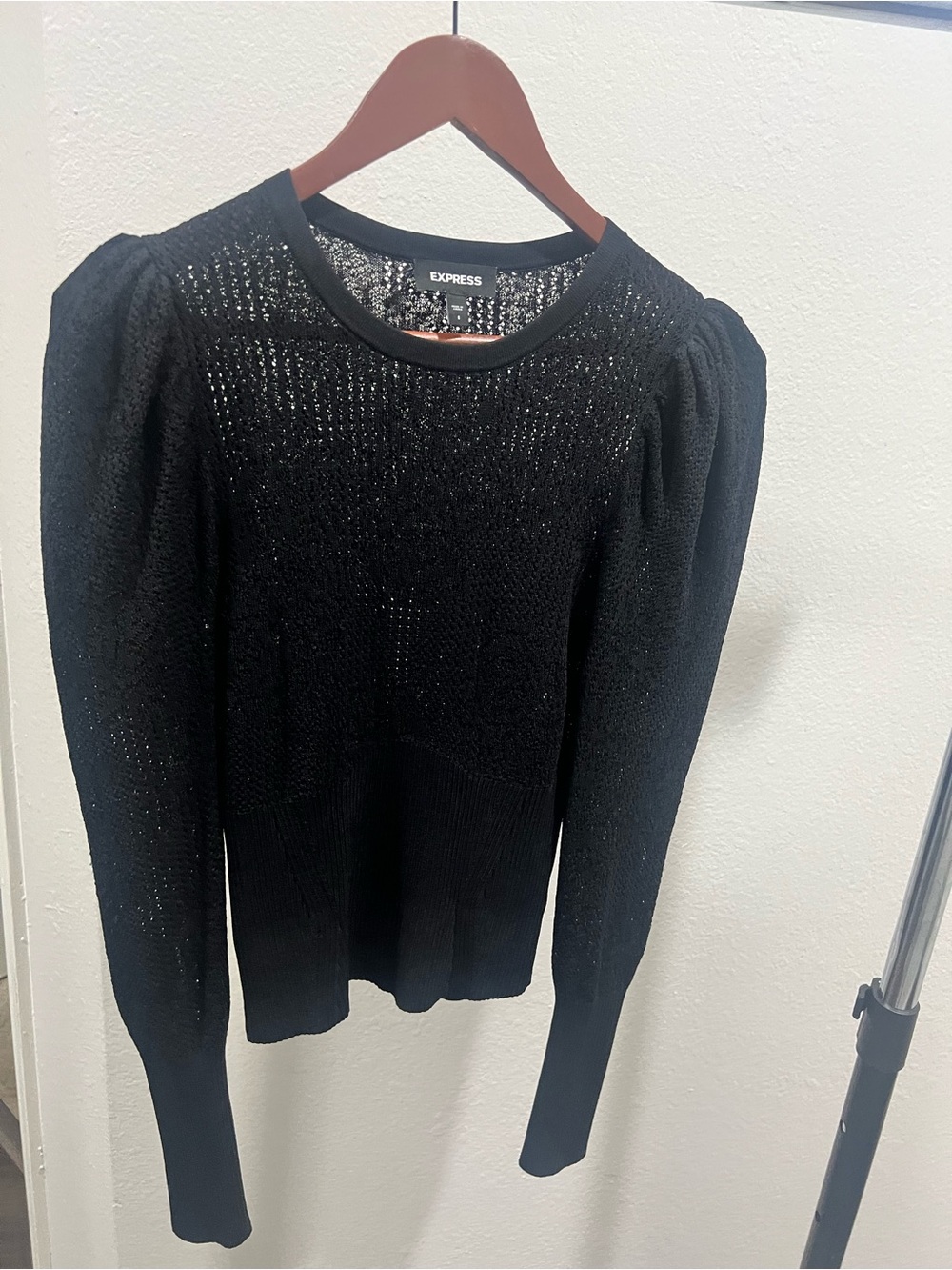 Express Black Openwork Knit Top with Ribbed Crewneck